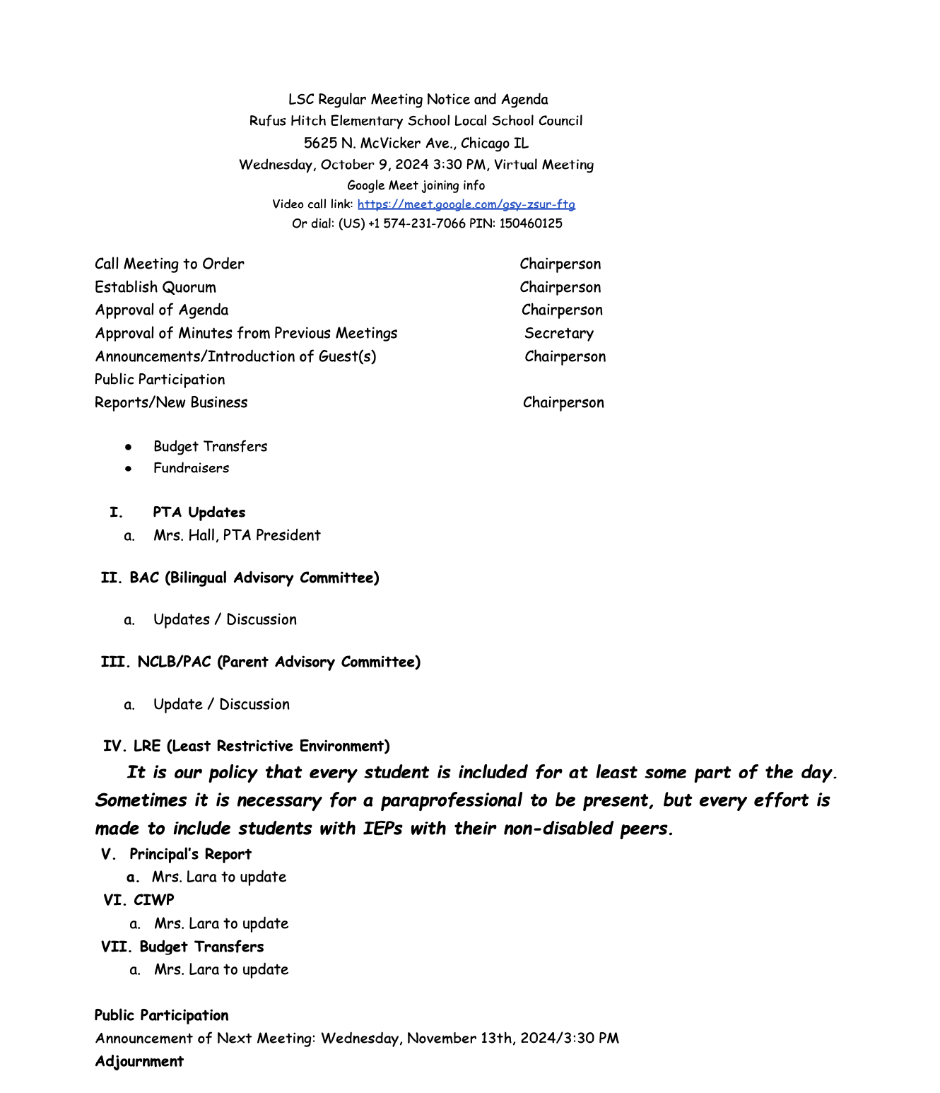 LSC Meeting Notice & Agenda 10.09.24 Hitch Elementary School